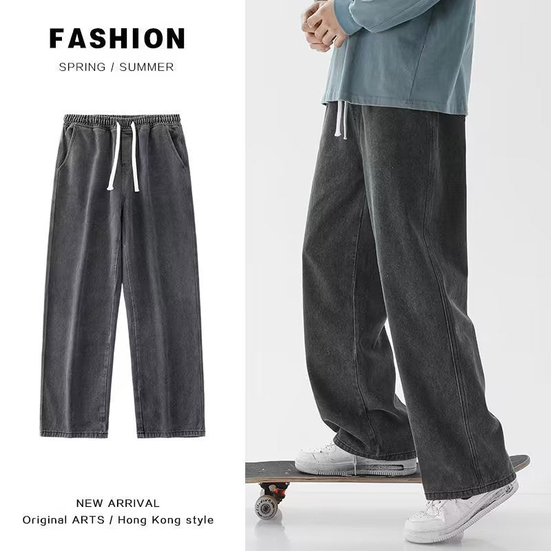 Elastic Waist Straight Leg Cotton Trousers for Men