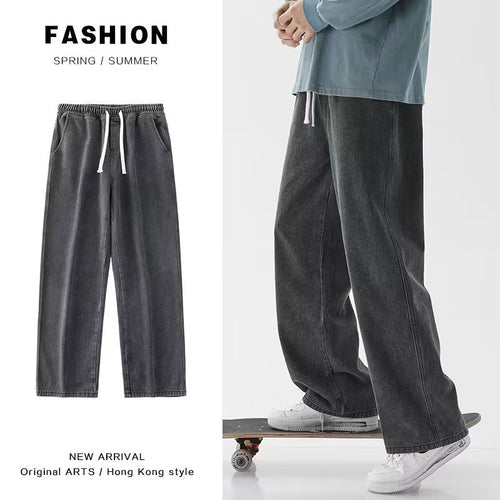 Elastic Waist Straight Leg Cotton Trousers for Men