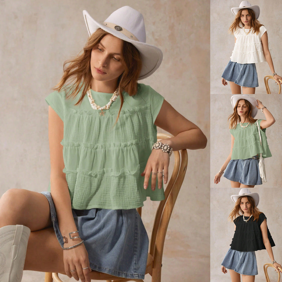 Loose Cotton Spliced Baby Doll Shirt