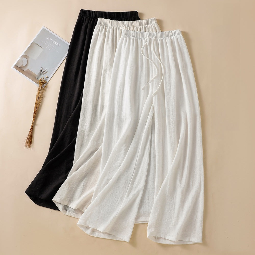 Womens Linen Loose Wide Leg Pants High Waist Straight Trousers Summer
