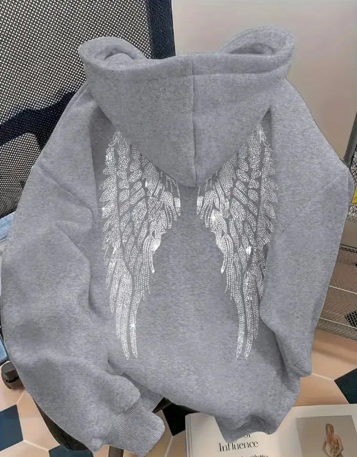 Simple wing print pullover hooded sweatshirt with loose fit