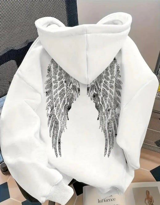 Simple wing print pullover hooded sweatshirt with loose fit