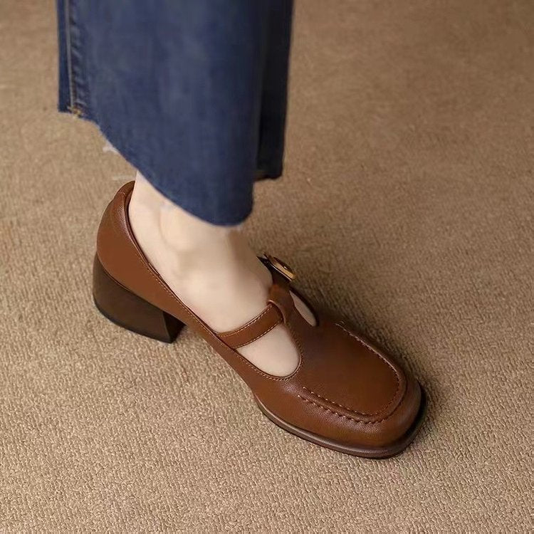 British Style Mary Jane Leather Shoes with Medium Heel