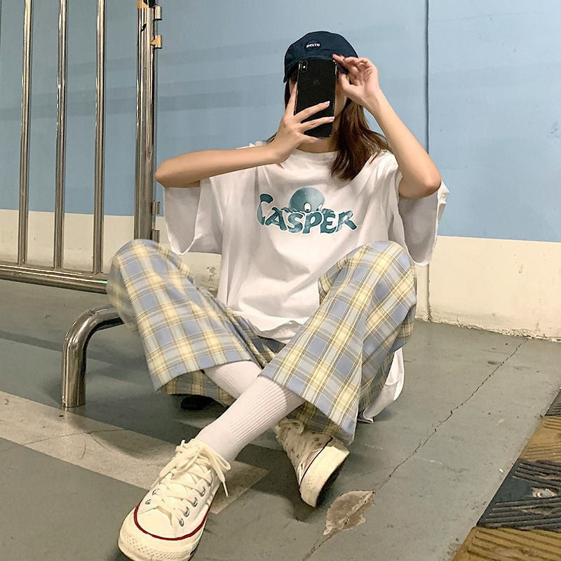 Plaid Wide-Leg Pants, High Waist Casual Summer Trousers
