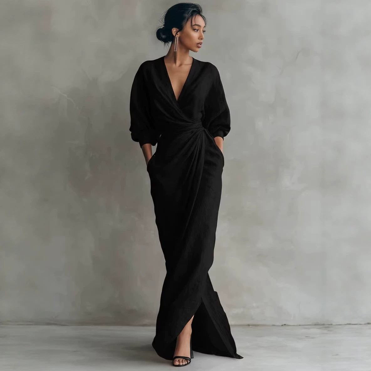 Elegant V-Neck Long Sleeve Waist-Cinching Dress
