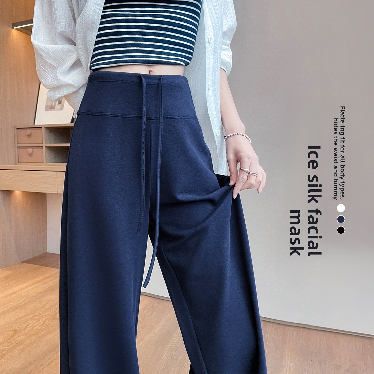 Womens Ice Silk Straight Leg Pants High Waisted Casual Trousers