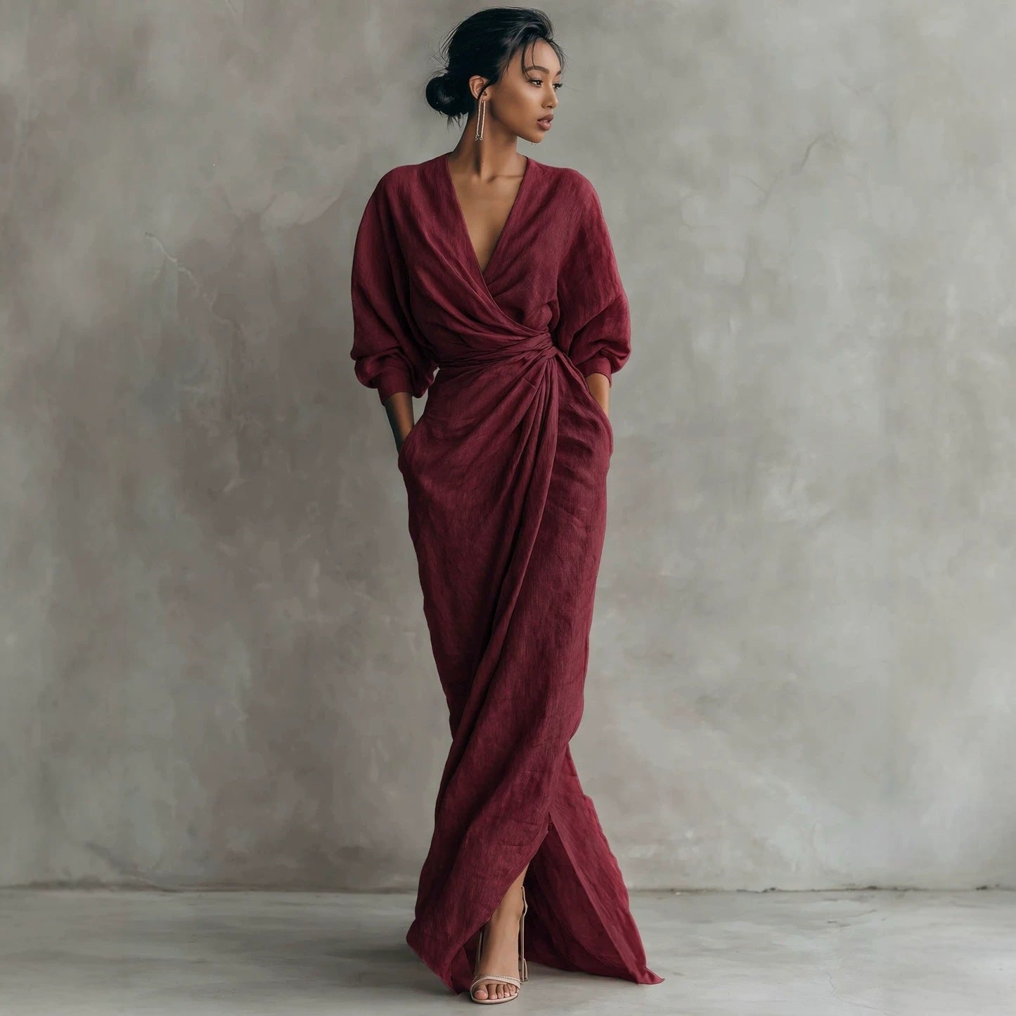 Elegant V-Neck Long Sleeve Waist-Cinching Dress