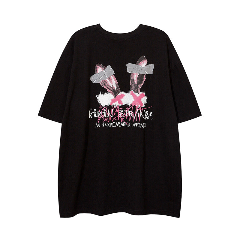 Dark-haired bunny girl short-sleeved T-shirt