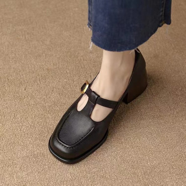 British Style Mary Jane Leather Shoes with Medium Heel