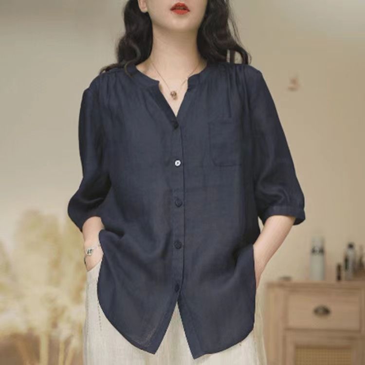 Womens Vintage Summer Cotton Linen V-Neck Loose Shirt