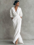 Elegant V-Neck Long Sleeve Waist-Cinching Dress