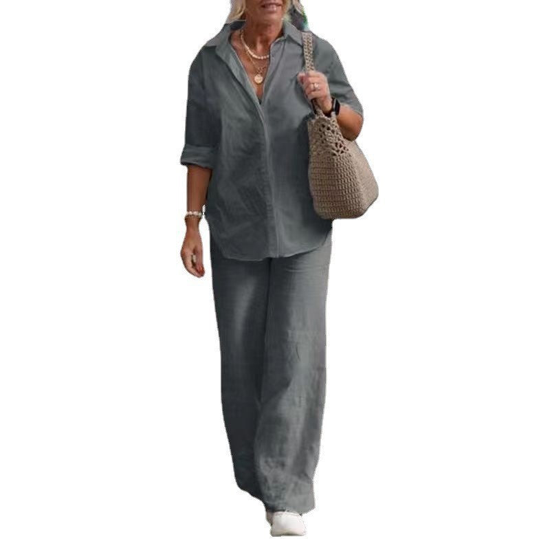 Women's Lapel Shirt and Wide-Leg Pants Set