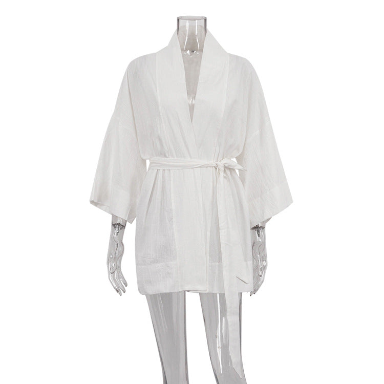 Women's Cotton V-Neck Lace-Up Cardigan Dress