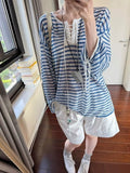 Womens Blue Striped V-Neck Knit Cardigan