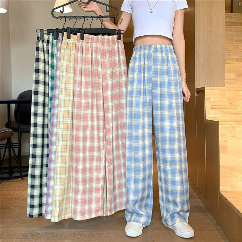 Plaid Wide-Leg Pants, High Waist Casual Summer Trousers