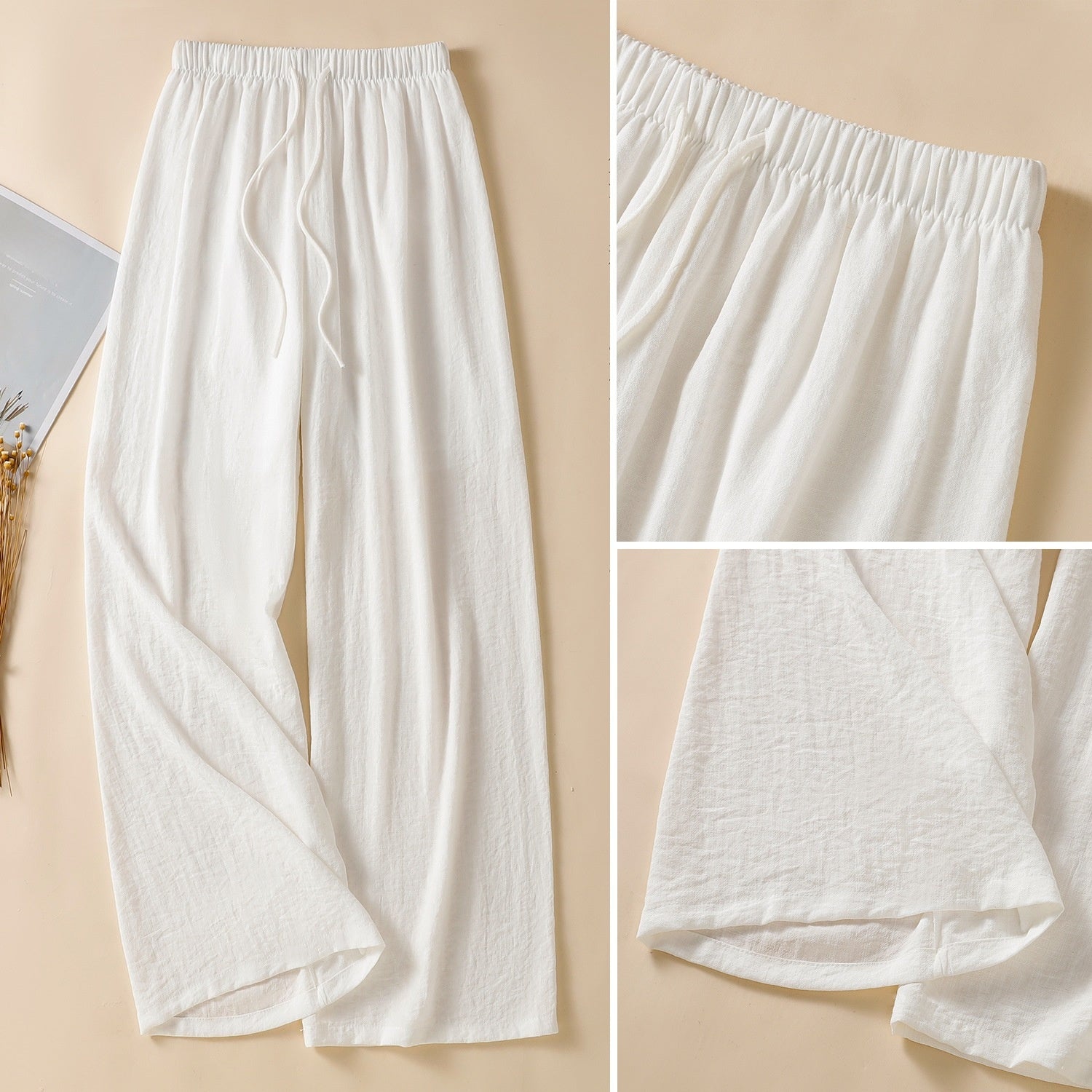 Womens Linen Loose Wide Leg Pants High Waist Straight Trousers Summer