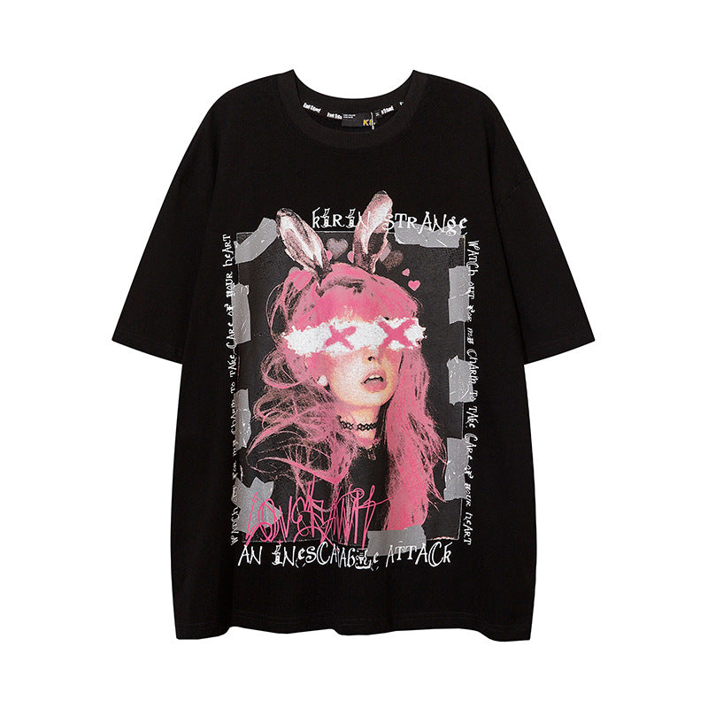 Dark-haired bunny girl short-sleeved T-shirt