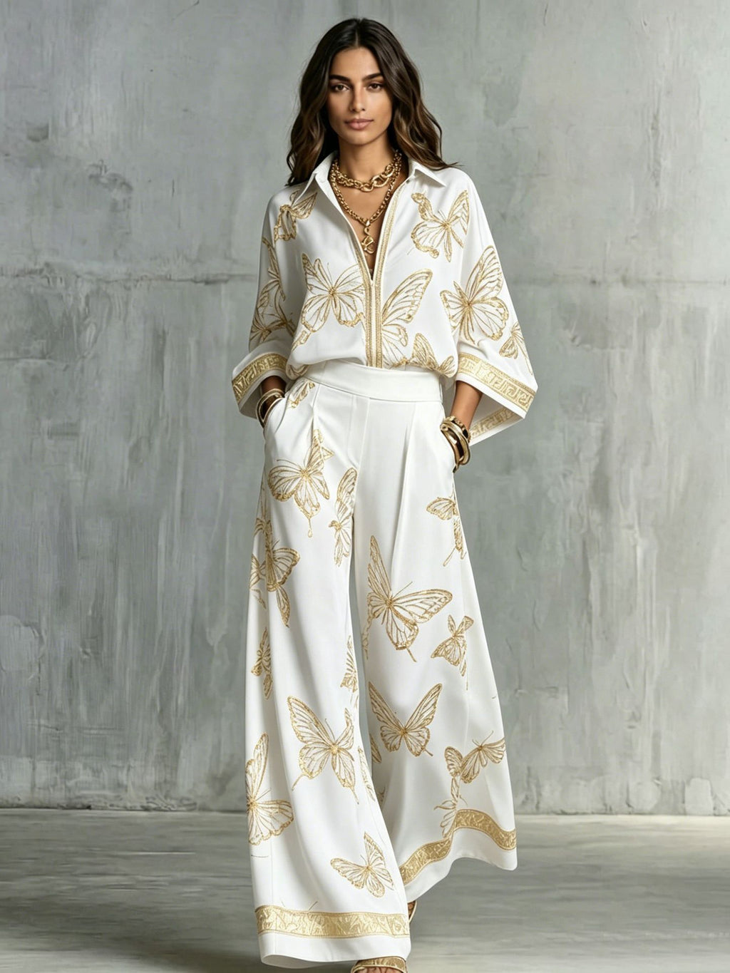 Womens Retro Print Deep V Neck Zipper Top Wide Leg Pants Two Piece Set