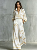 Womens Retro Print Deep V Neck Zipper Top Wide Leg Pants Two Piece Set