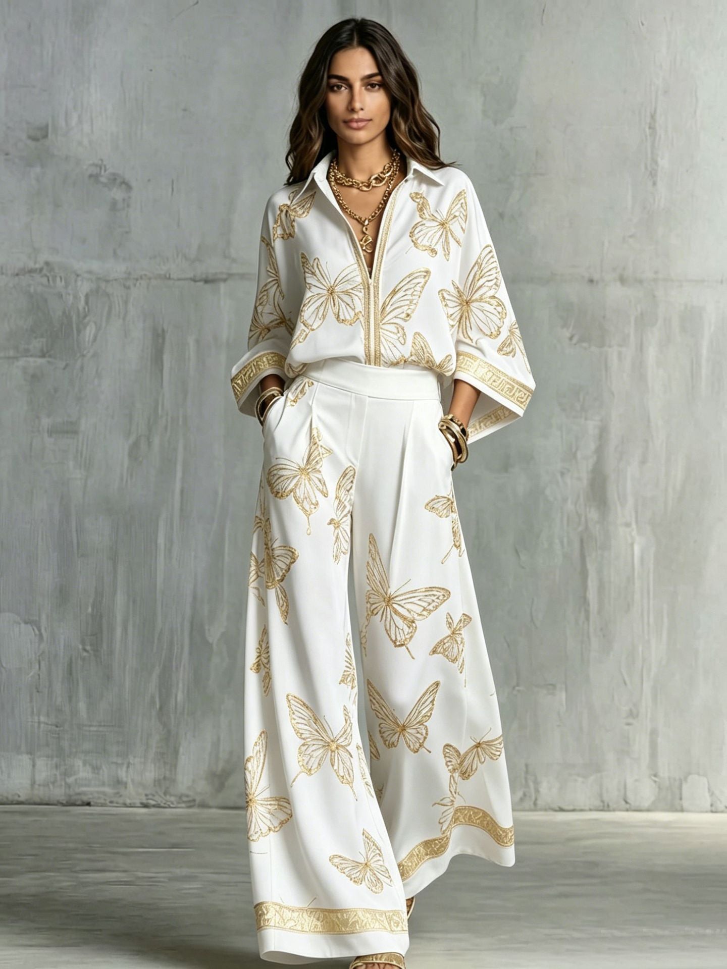 Womens Retro Print Deep V Neck Zipper Top Wide Leg Pants Two Piece Set