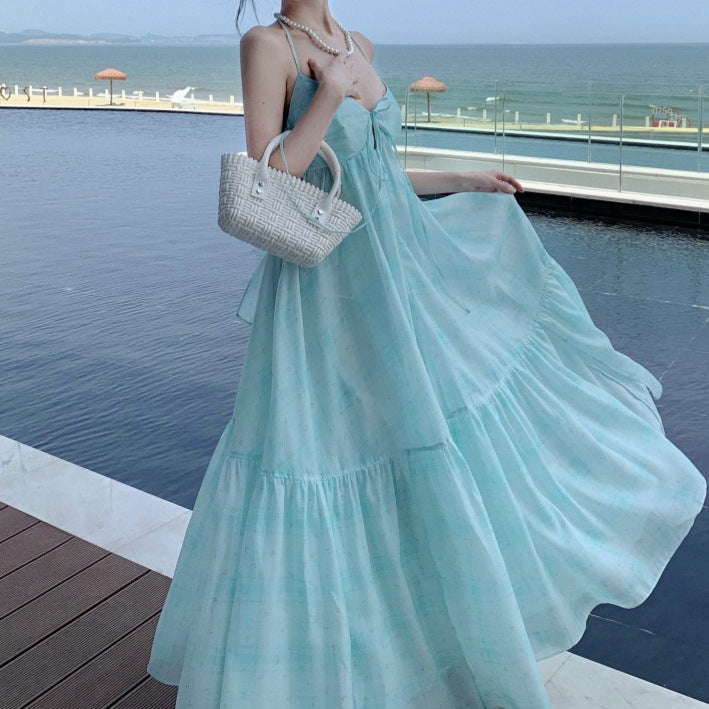 Mint Green Plaid Halter Neck Long Dress