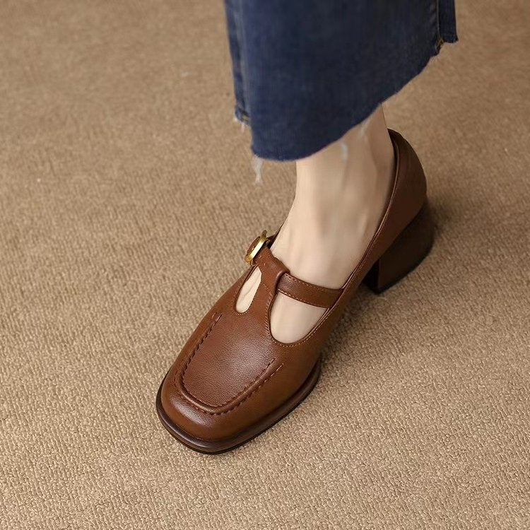 British Style Mary Jane Leather Shoes with Medium Heel