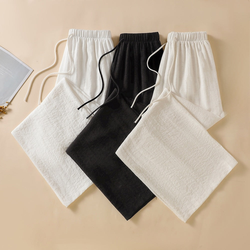 Womens Linen Loose Wide Leg Pants High Waist Straight Trousers Summer
