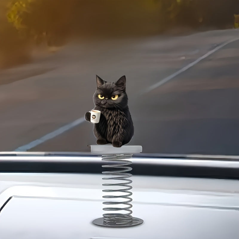 Flat Cute Black Cat Spring Car Rearview Mirror Bag or Keychain Pendant