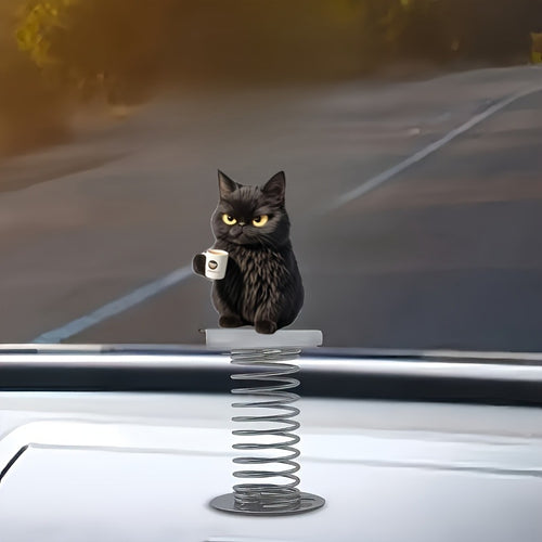 Flat Cute Black Cat Spring Car Rearview Mirror Bag or Keychain Pendant