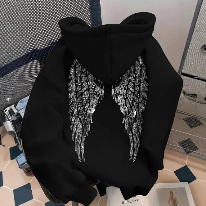 Simple wing print pullover hooded sweatshirt with loose fit