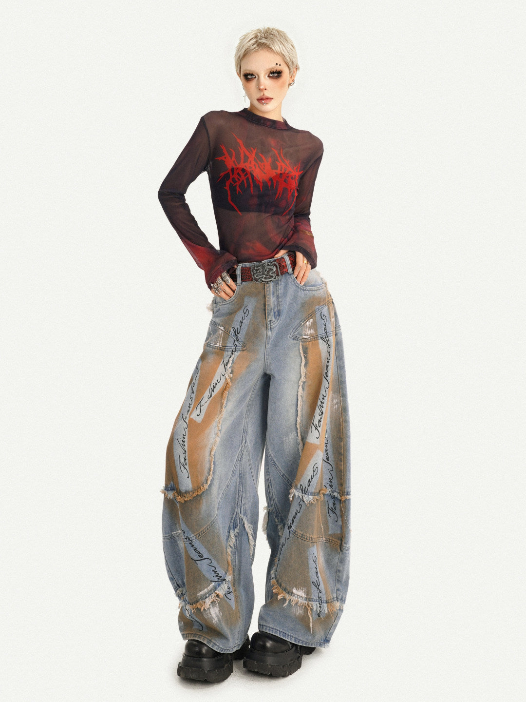 Gothic Red Printed Mesh Long Sleeve T-Shirt
