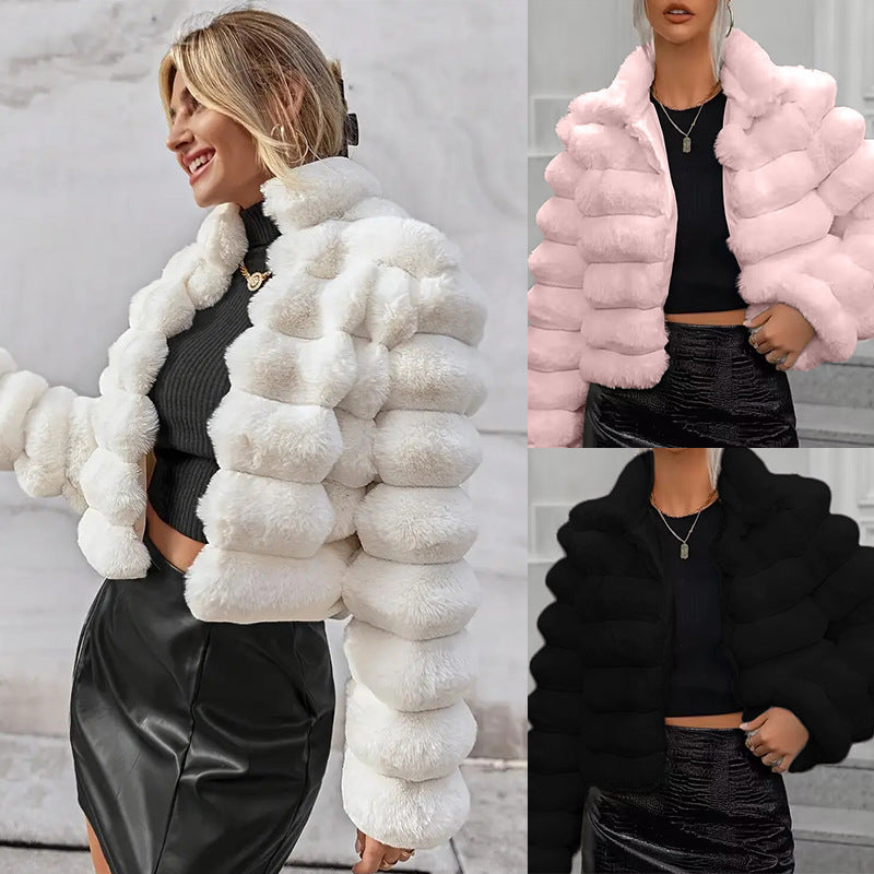 Women Faux Fur Jacket Short Double Collar Winter Coat