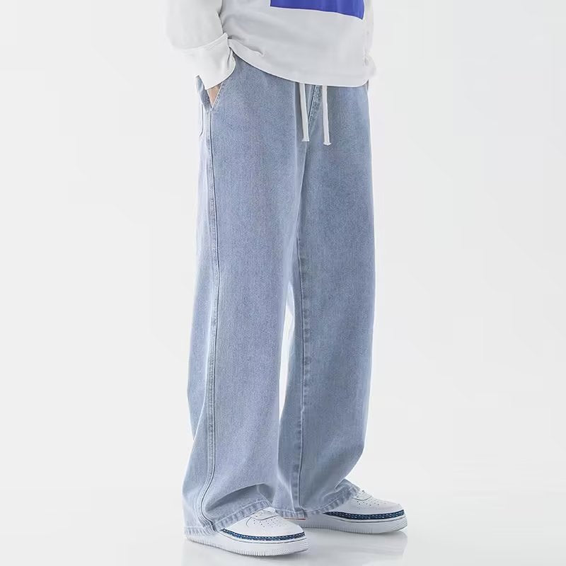 Elastic Waist Straight Leg Cotton Trousers for Men