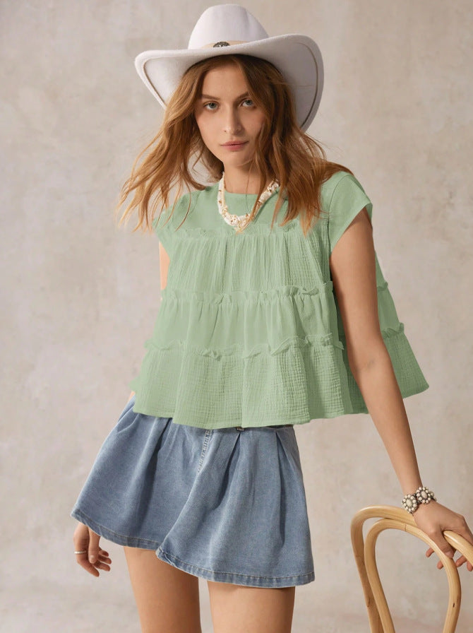 Loose Cotton Spliced Baby Doll Shirt