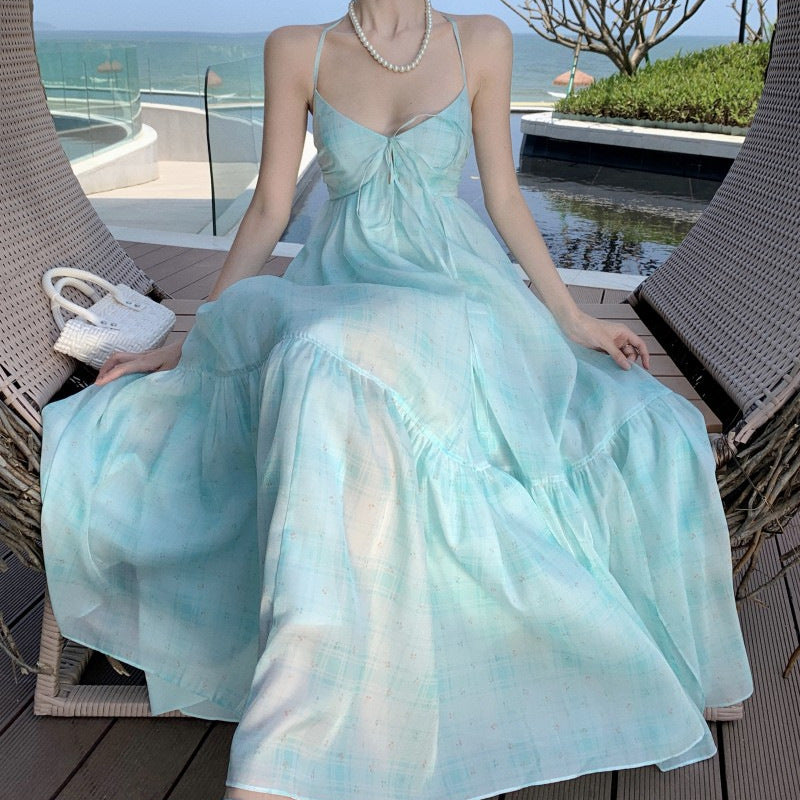 Mint Green Plaid Halter Neck Long Dress