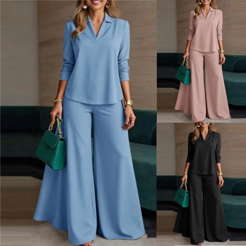 Womens V-Neck Top and Wide-Leg Pants Set
