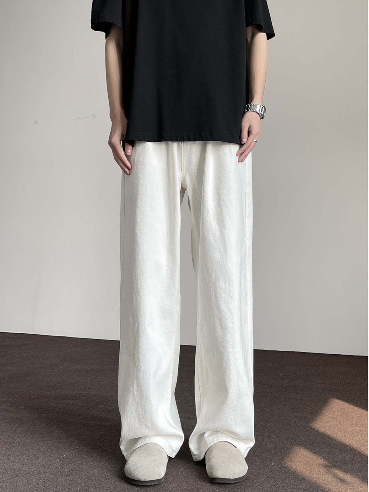 Mens Loose Fit Wide Leg Cotton Trousers