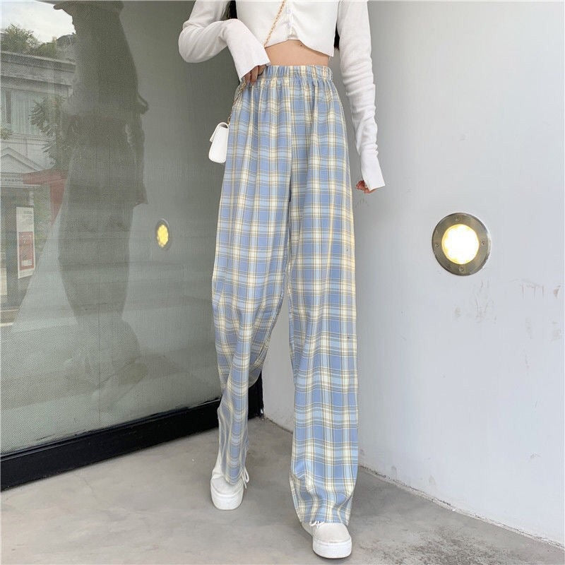 Plaid Wide-Leg Pants, High Waist Casual Summer Trousers