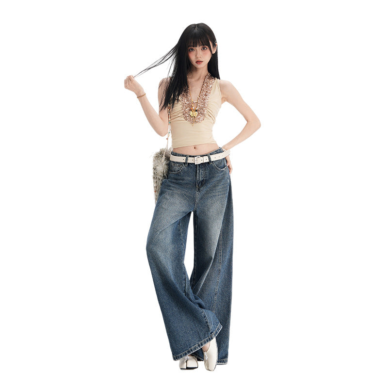 Womens High-Waisted Wide-Leg Denim Pants