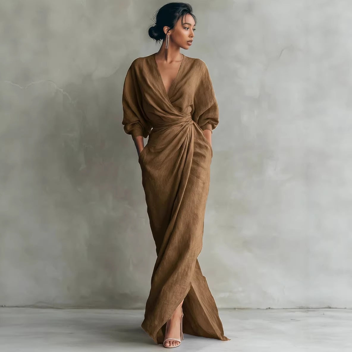 Elegant V-Neck Long Sleeve Waist-Cinching Dress