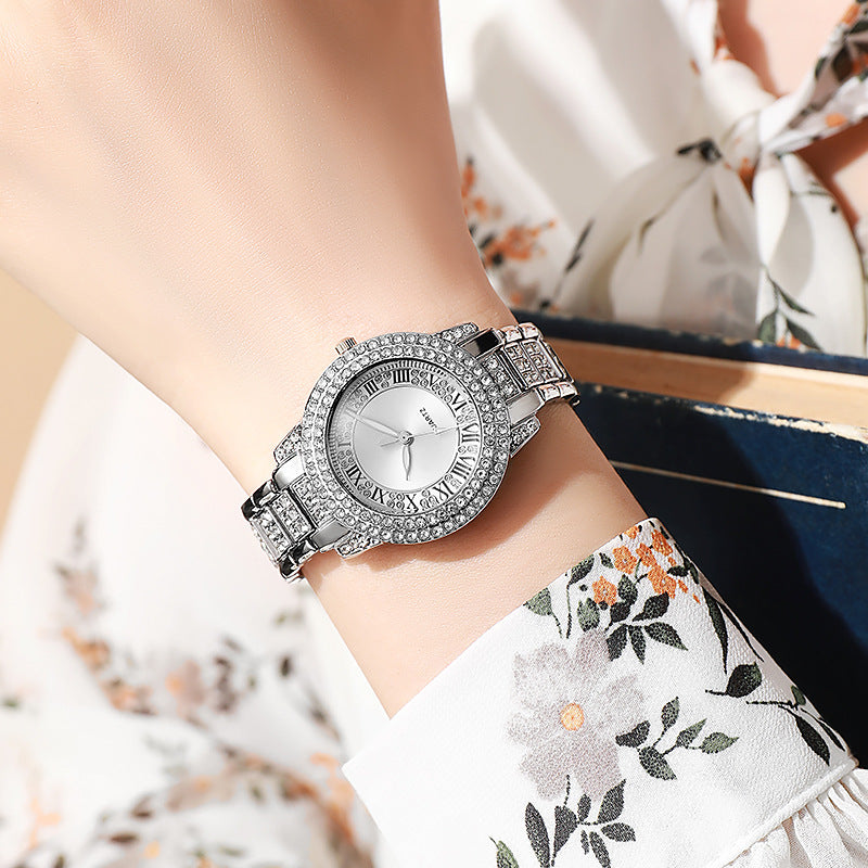 Women's Roman Numeral Quartz Watch with Diamond Bracelet