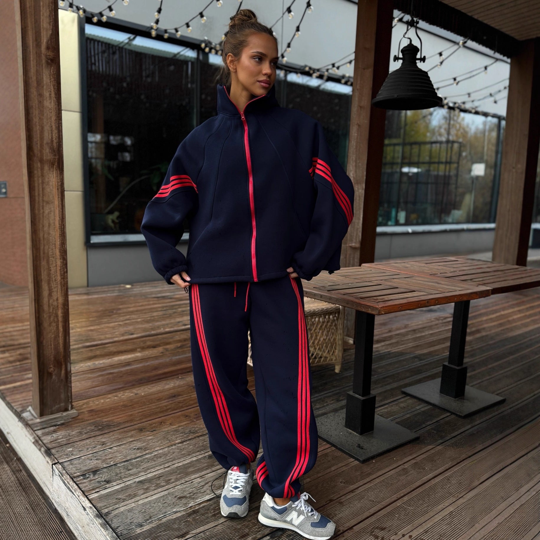 Stand-collar coat and elastic-waist trousers