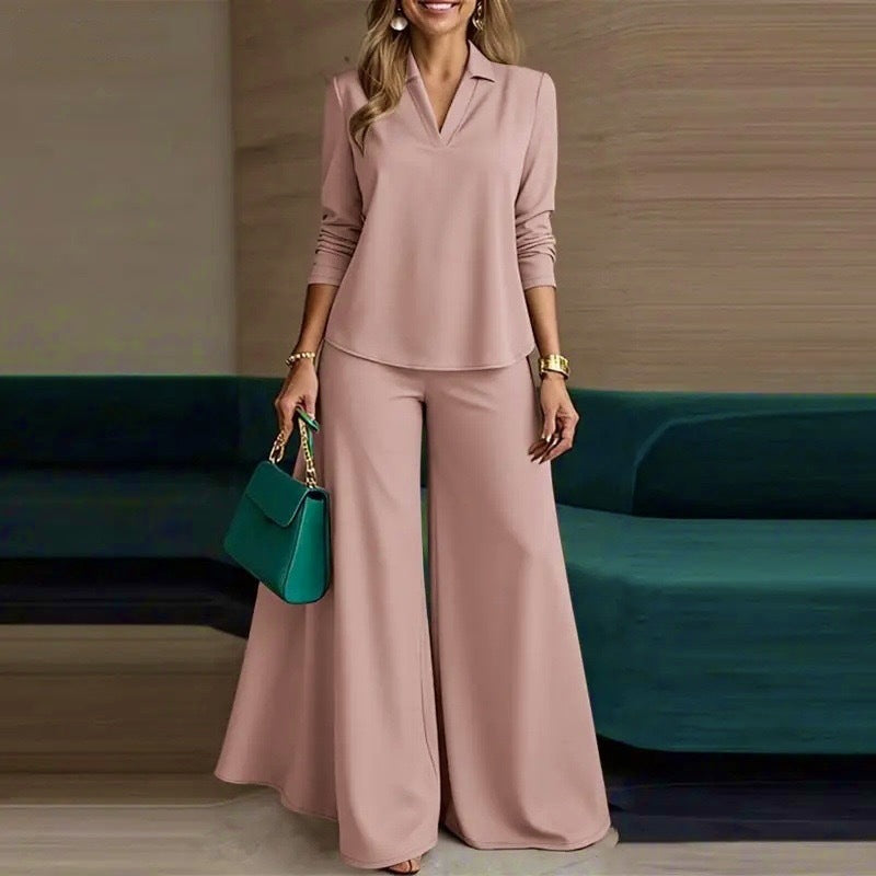 Womens V-Neck Top and Wide-Leg Pants Set