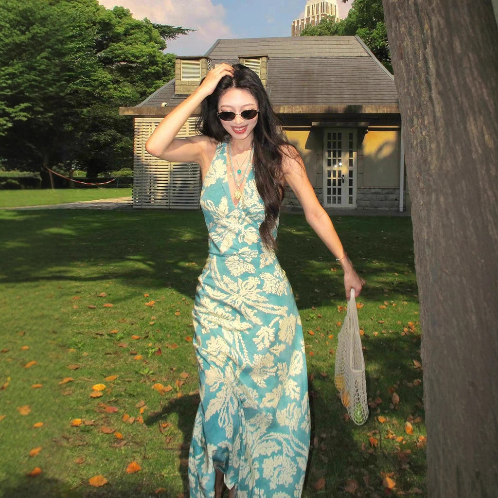 Womens Floral Print Backless Halter Dress