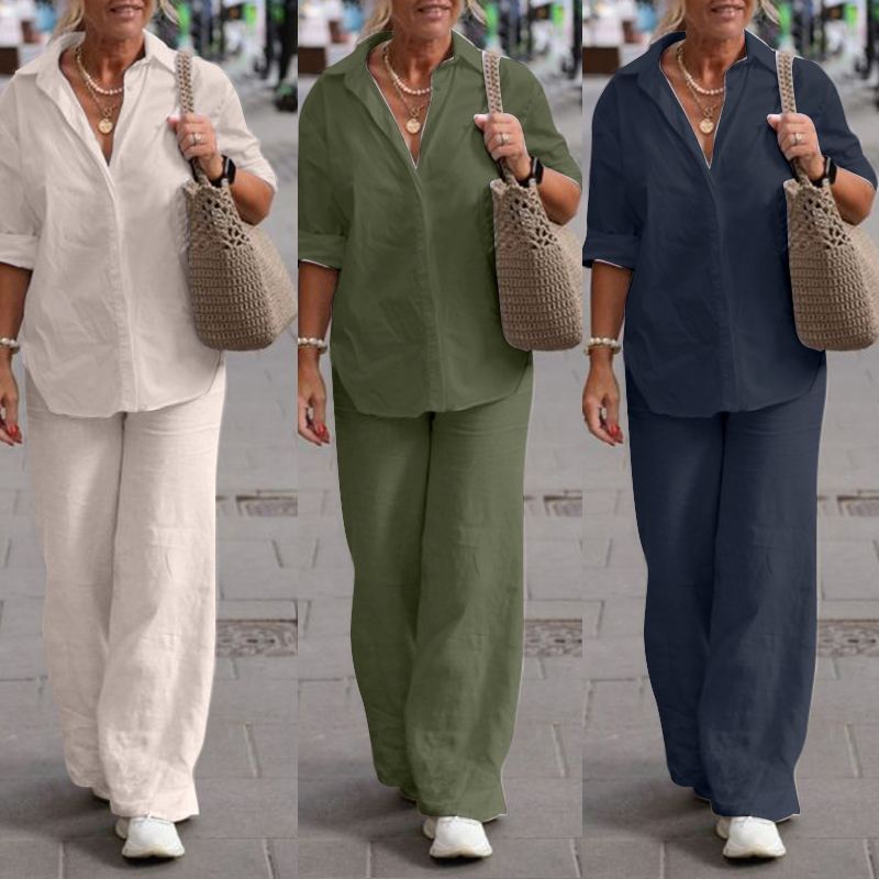 Women's Lapel Shirt and Wide-Leg Pants Set