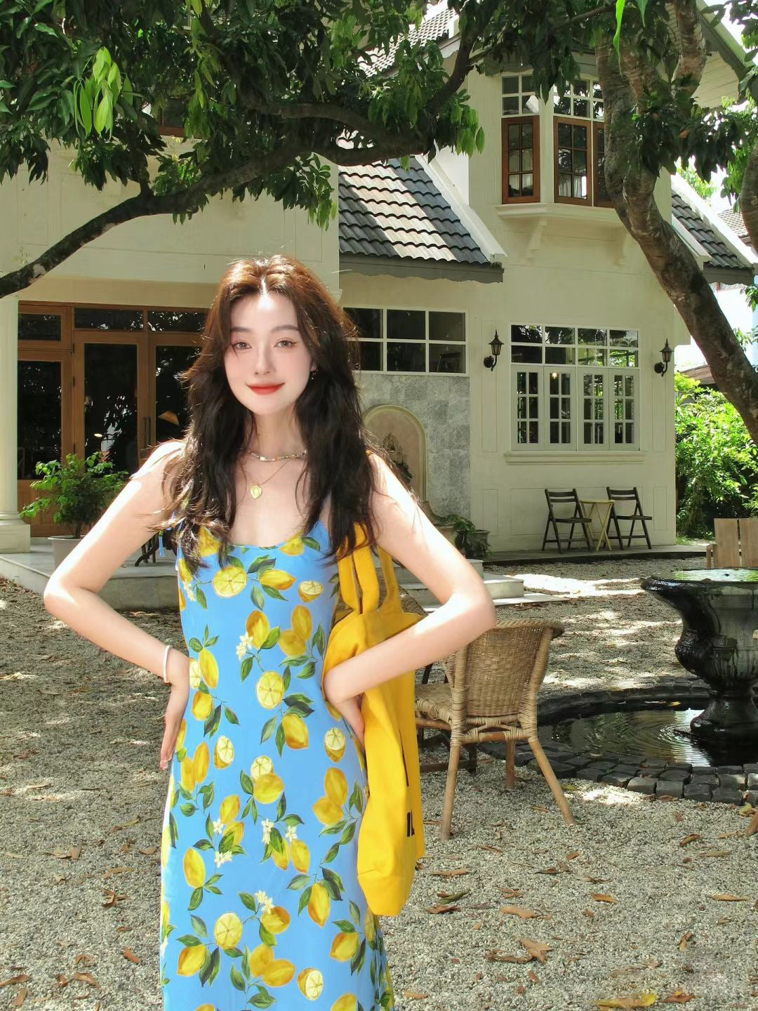 Lemon Print Sling Long Dress for Women
