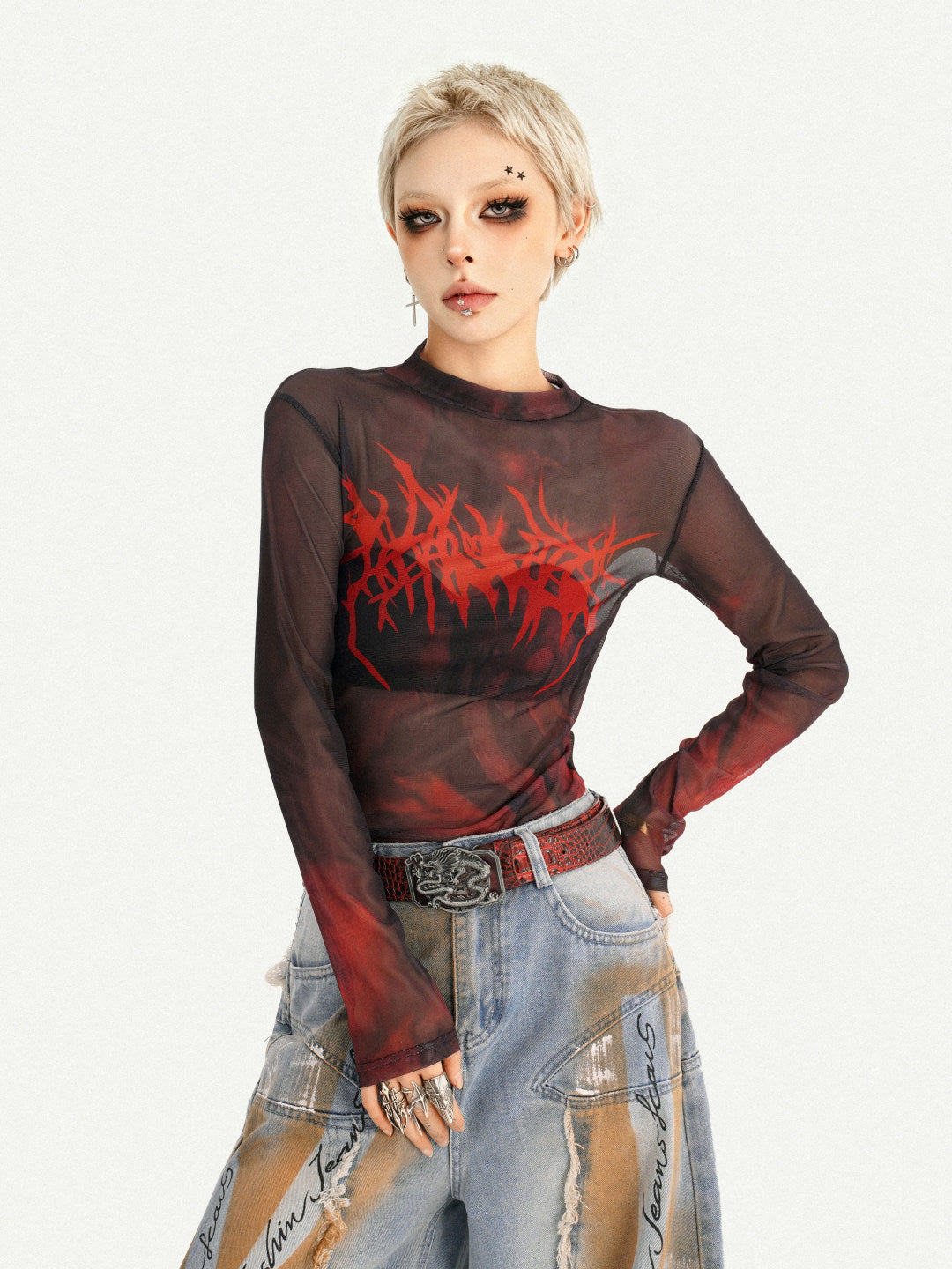 Gothic Red Printed Mesh Long Sleeve T-Shirt