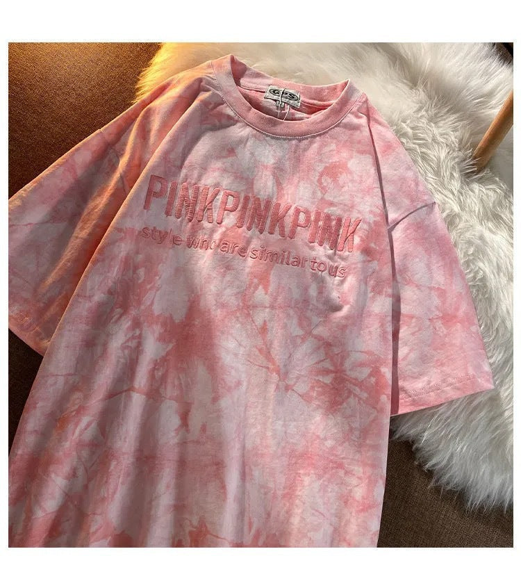 Embroidered Letter Tie-Dye Short Sleeve T-Shirt