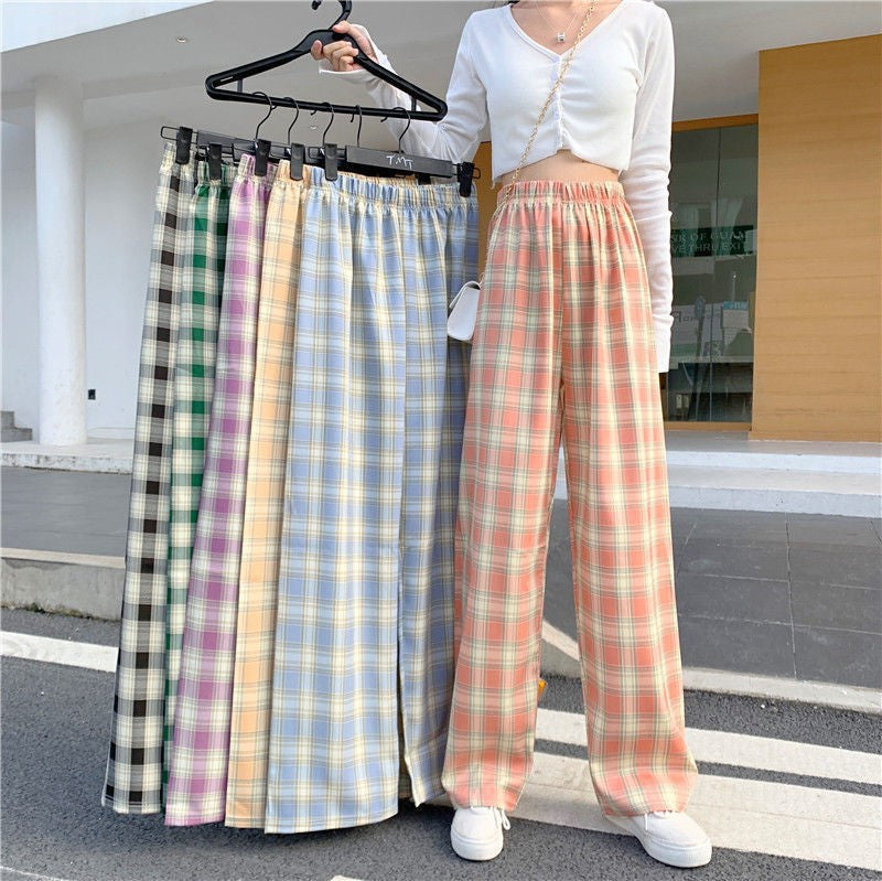 Plaid Wide-Leg Pants, High Waist Casual Summer Trousers