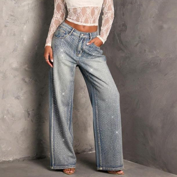 Rhinestone Denim Trousers High Waist Wide Leg